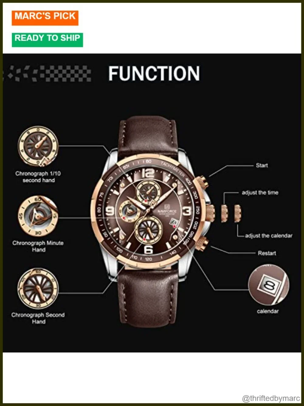 Sport Chronograph Leather Strap Wrist Watch for Men